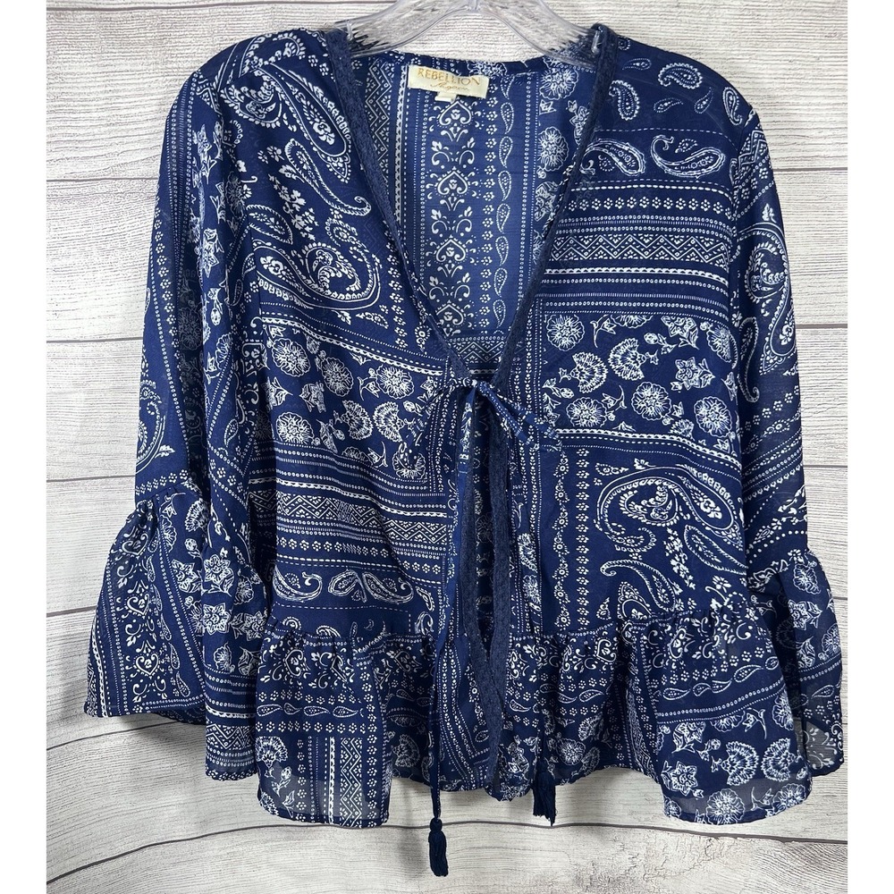 Rebellion Again Women's‎ Small Blue Paisley Sheer Boho Tie Front Blouse
